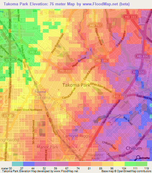 Takoma Park,US Elevation Map