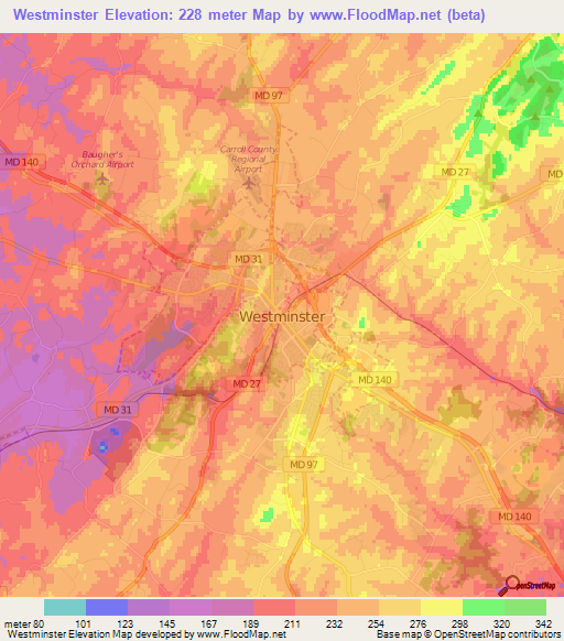 Westminster,US Elevation Map