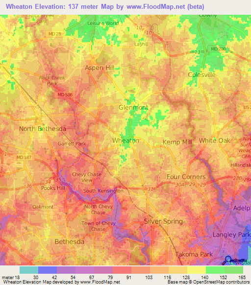 Wheaton,US Elevation Map