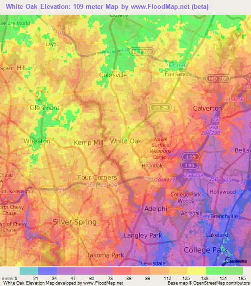 White Oak,US Elevation Map