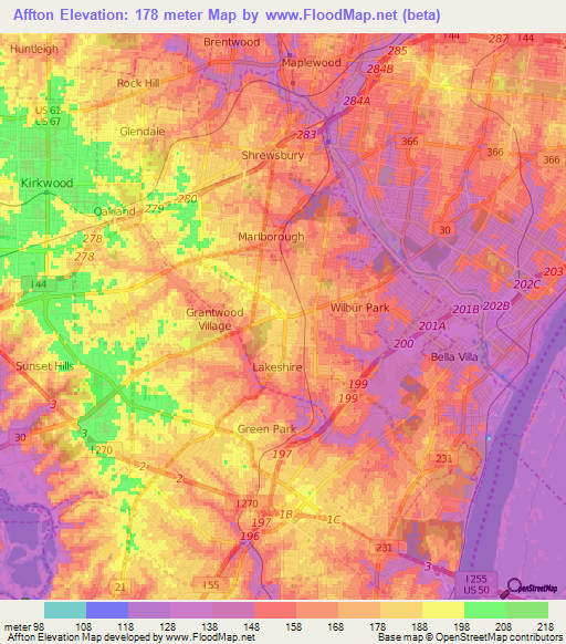 Affton,US Elevation Map