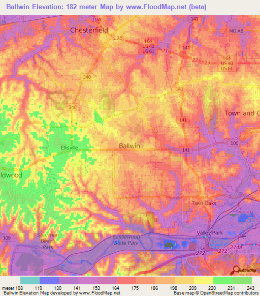 Ballwin,US Elevation Map