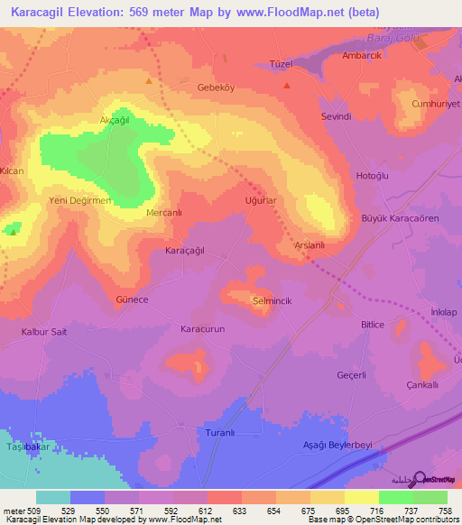 Karacagil,Turkey Elevation Map