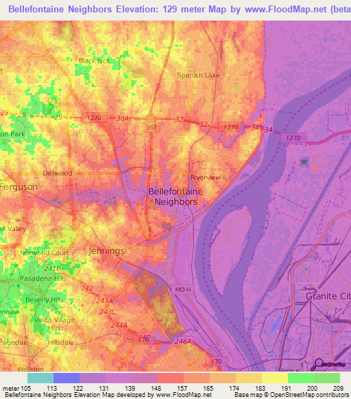 Bellefontaine Neighbors,US Elevation Map