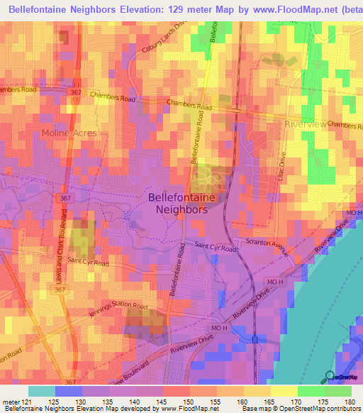 Bellefontaine Neighbors,US Elevation Map