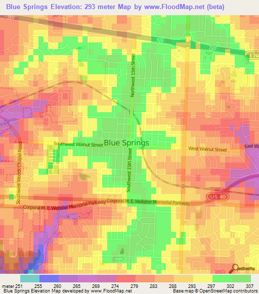 Blue Springs,US Elevation Map