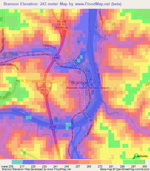 Branson,US Elevation Map