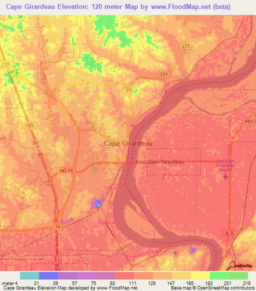 Cape Girardeau,US Elevation Map