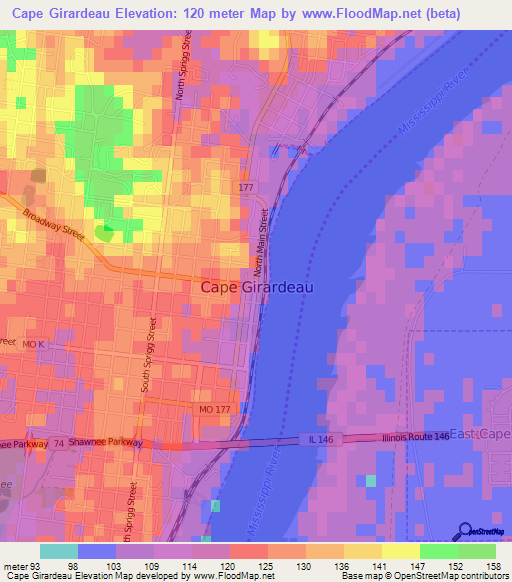 Cape Girardeau,US Elevation Map