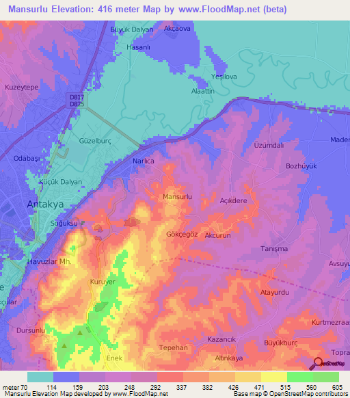 Mansurlu,Turkey Elevation Map