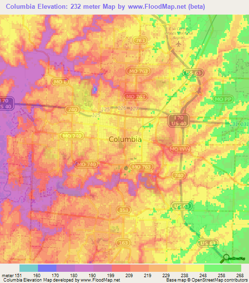 Columbia,US Elevation Map