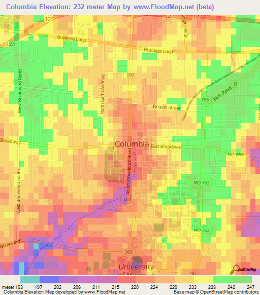 Columbia,US Elevation Map