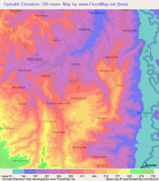 Oymakli,Turkey Elevation Map