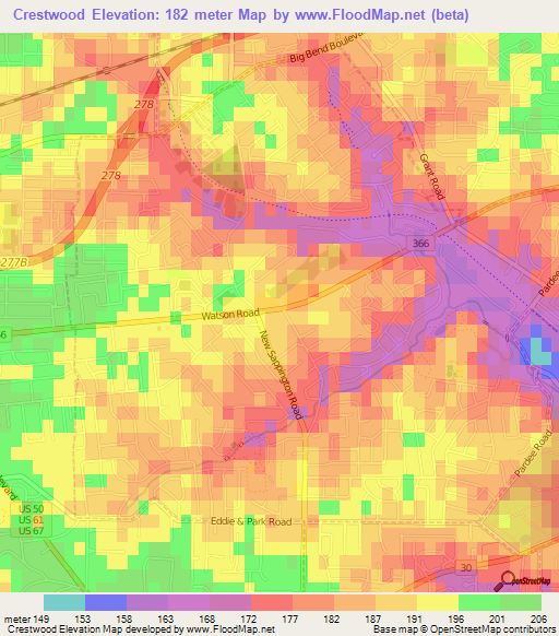 Crestwood,US Elevation Map