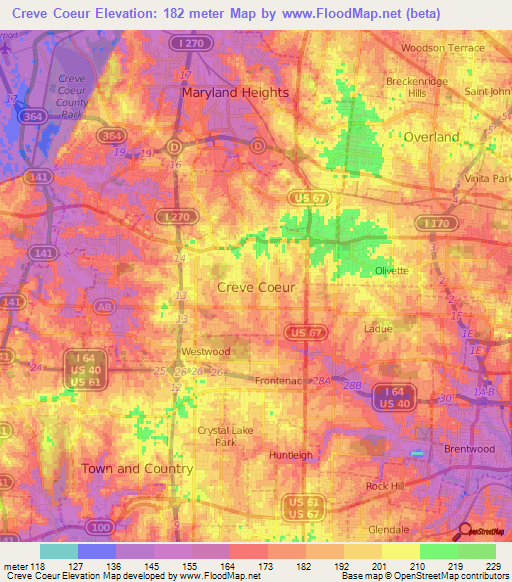 Creve Coeur,US Elevation Map