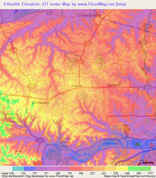 Ellisville,US Elevation Map