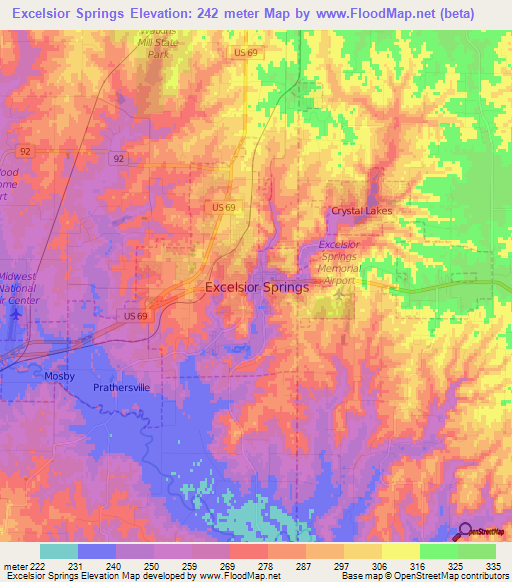 Excelsior Springs,US Elevation Map