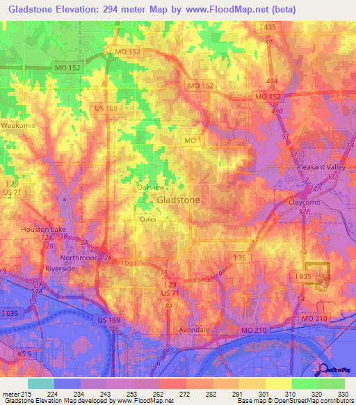 Gladstone,US Elevation Map