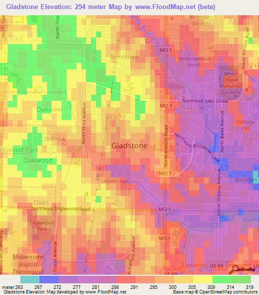 Gladstone,US Elevation Map