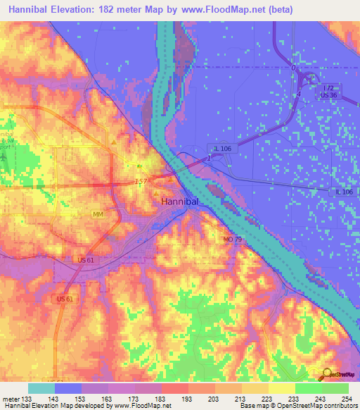 Hannibal,US Elevation Map