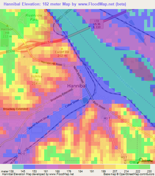 Hannibal,US Elevation Map