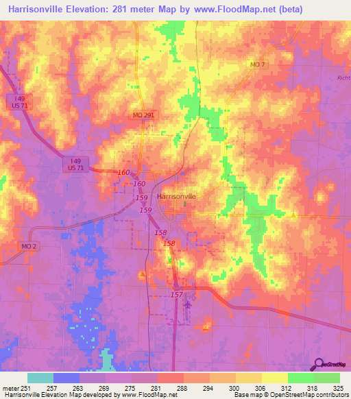 Harrisonville,US Elevation Map