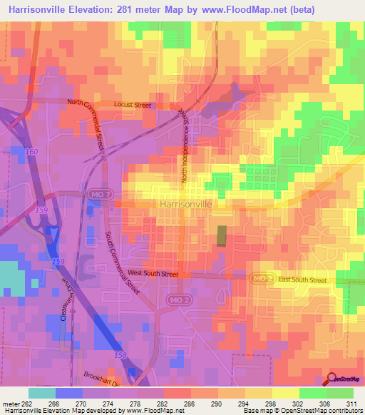 Harrisonville,US Elevation Map