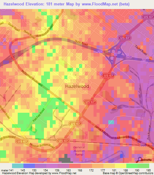 Hazelwood,US Elevation Map