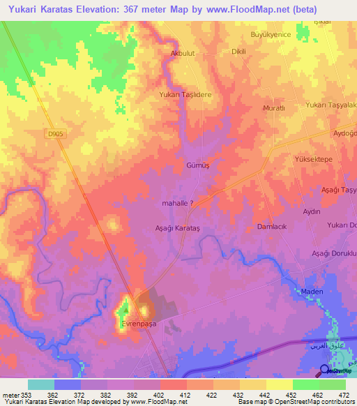 Yukari Karatas,Turkey Elevation Map