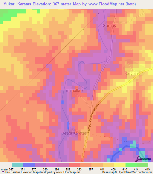 Yukari Karatas,Turkey Elevation Map