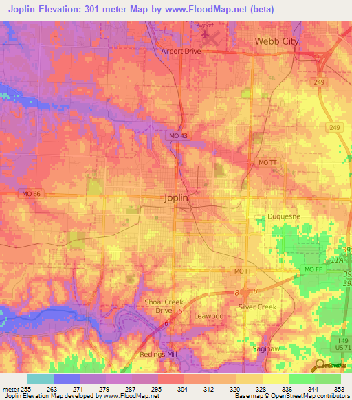 Joplin,US Elevation Map