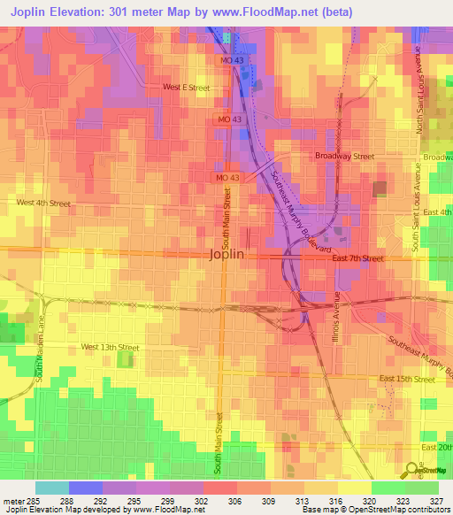 Joplin,US Elevation Map