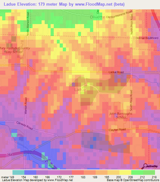 Ladue,US Elevation Map