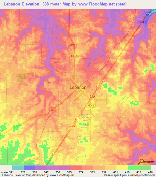 Lebanon,US Elevation Map