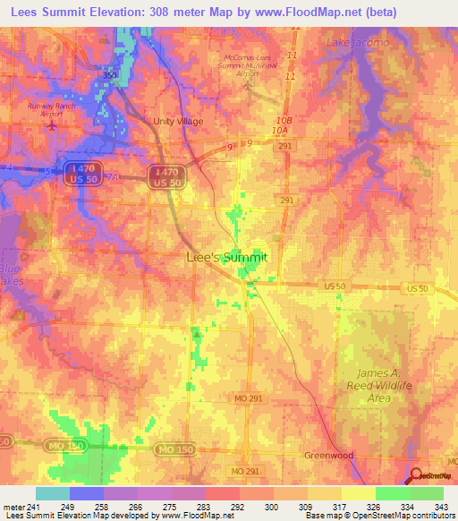 Lees Summit,US Elevation Map