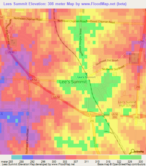 Lees Summit,US Elevation Map