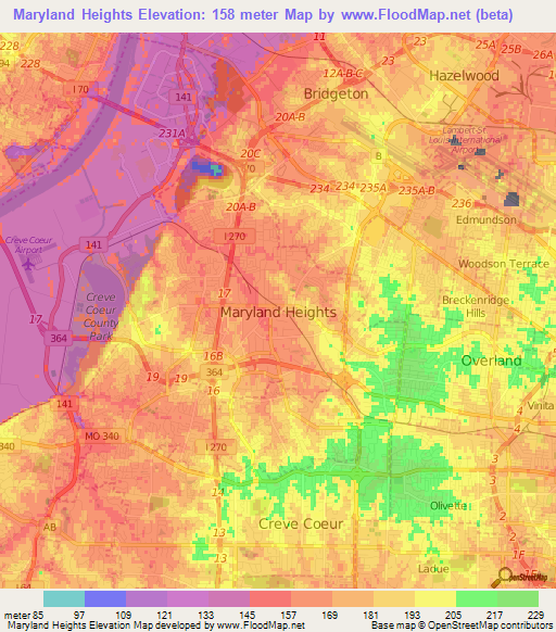 Maryland Heights,US Elevation Map