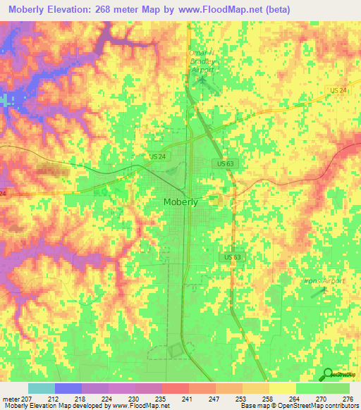 Moberly,US Elevation Map