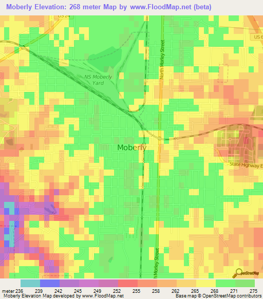 Moberly,US Elevation Map