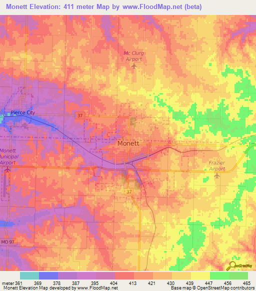 Monett,US Elevation Map