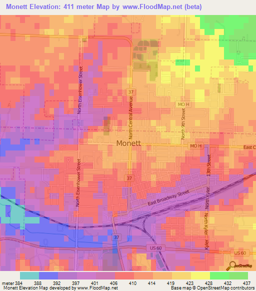 Monett,US Elevation Map