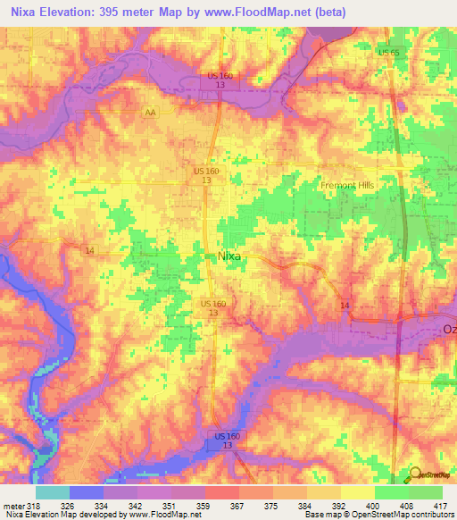 Nixa,US Elevation Map