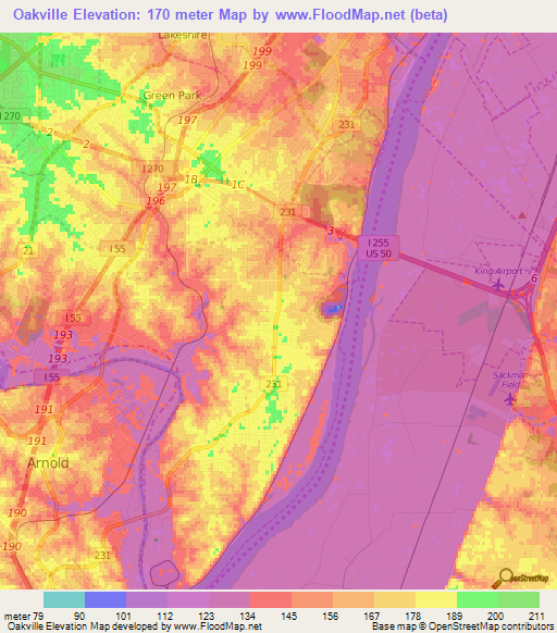 Oakville,US Elevation Map