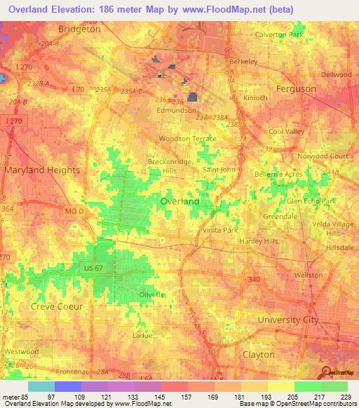 Overland,US Elevation Map