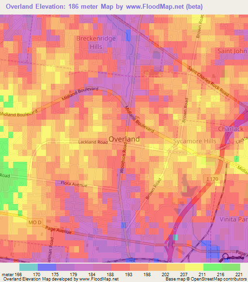 Overland,US Elevation Map