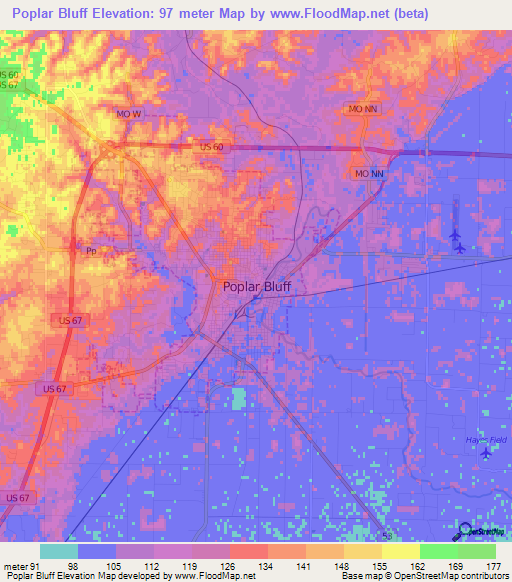 Poplar Bluff,US Elevation Map