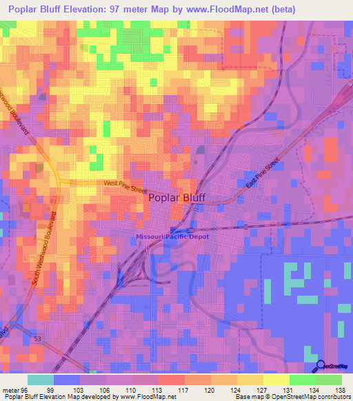 Poplar Bluff,US Elevation Map