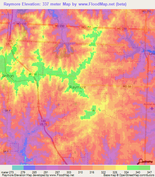 Raymore,US Elevation Map