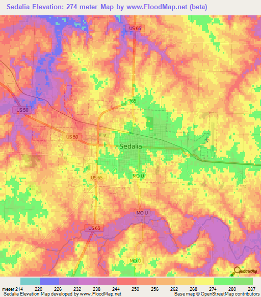 Sedalia,US Elevation Map