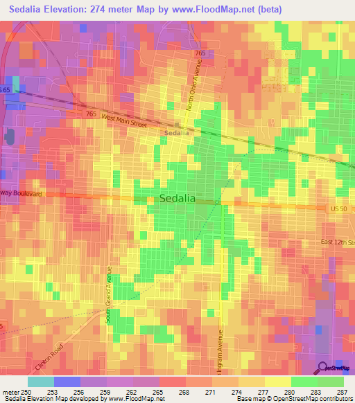 Sedalia,US Elevation Map